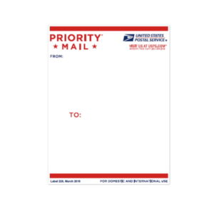 A USPS Priority Mail Address Label. The top and bottom borders are a solid cherry red. Below the top border says "Priority mail" on the left, also written in cherry red, with the word "mail" being between two red stars. On the top right is the logo for United States Postal Service. Below the words "priority mail" is another phrase which says "from:", which is written in blue. In the middle, the label says "To:", which is written in cherry red.